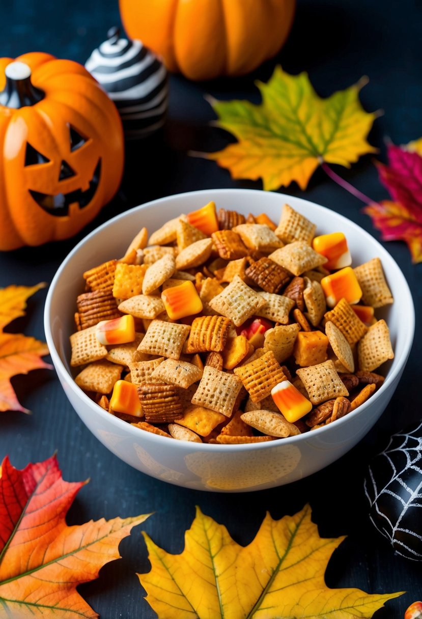 A bowl of Autumn Crunch Chex Mix surrounded by colorful fall leaves and Halloween decorations