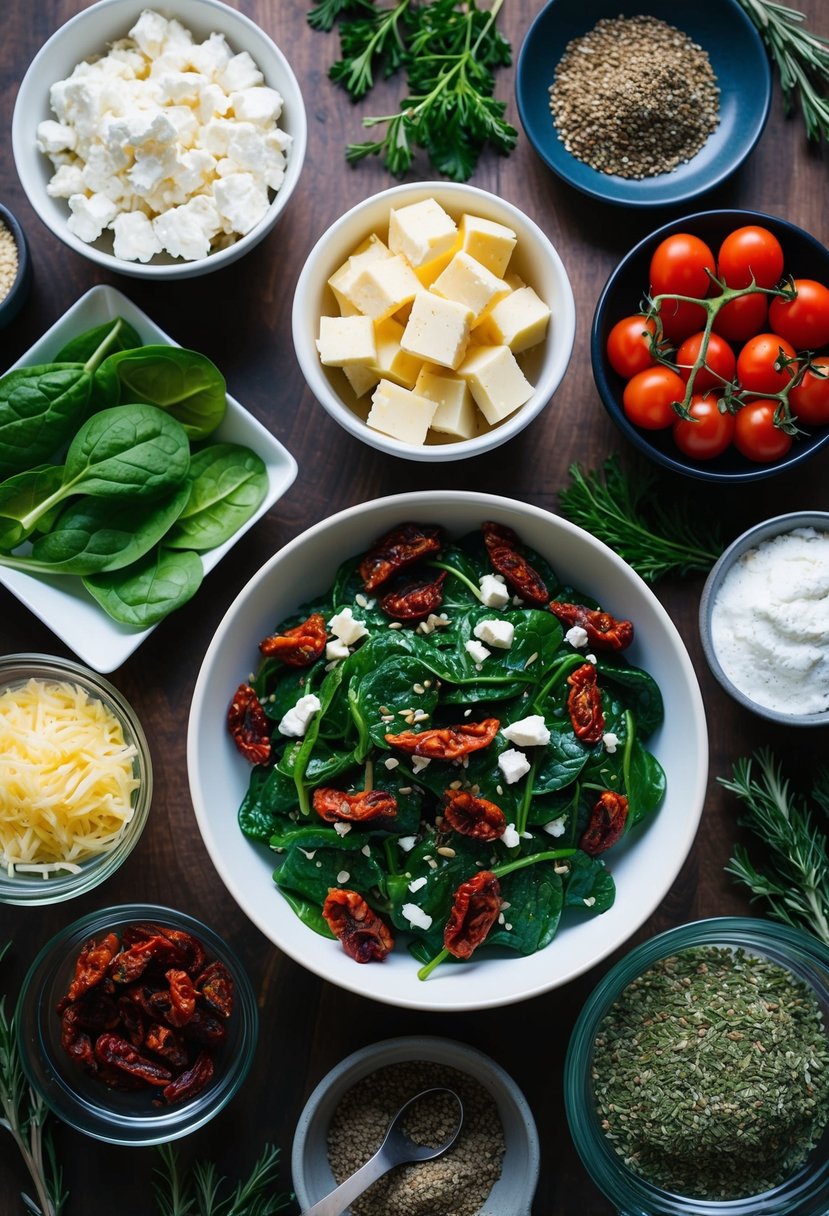 A table set with ingredients like feta, spinach, and sun-dried tomatoes, surrounded by Mediterranean herbs and spices