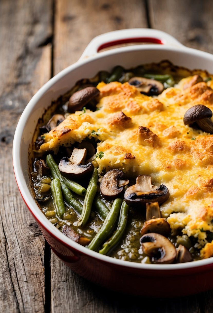 A bubbling casserole dish filled with mushrooms and green beans, topped with a golden-brown crust, sits on a rustic wooden table