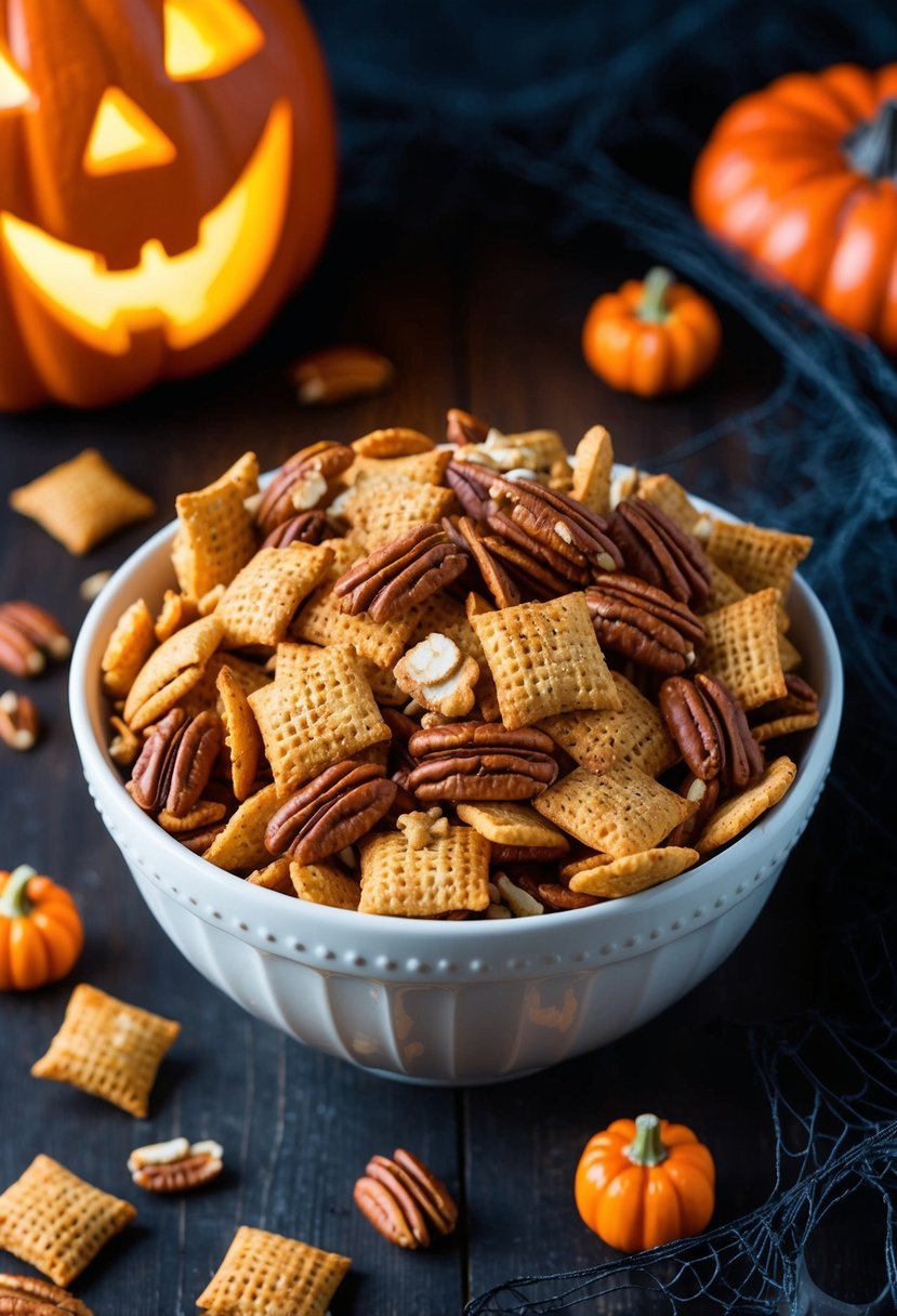 A bowl of Maple Pecan Chex Mix surrounded by spooky Halloween decorations