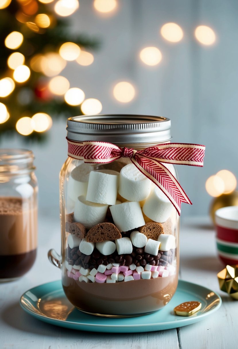 A mason jar filled with layers of cocoa mix, marshmallows, and a festive ribbon