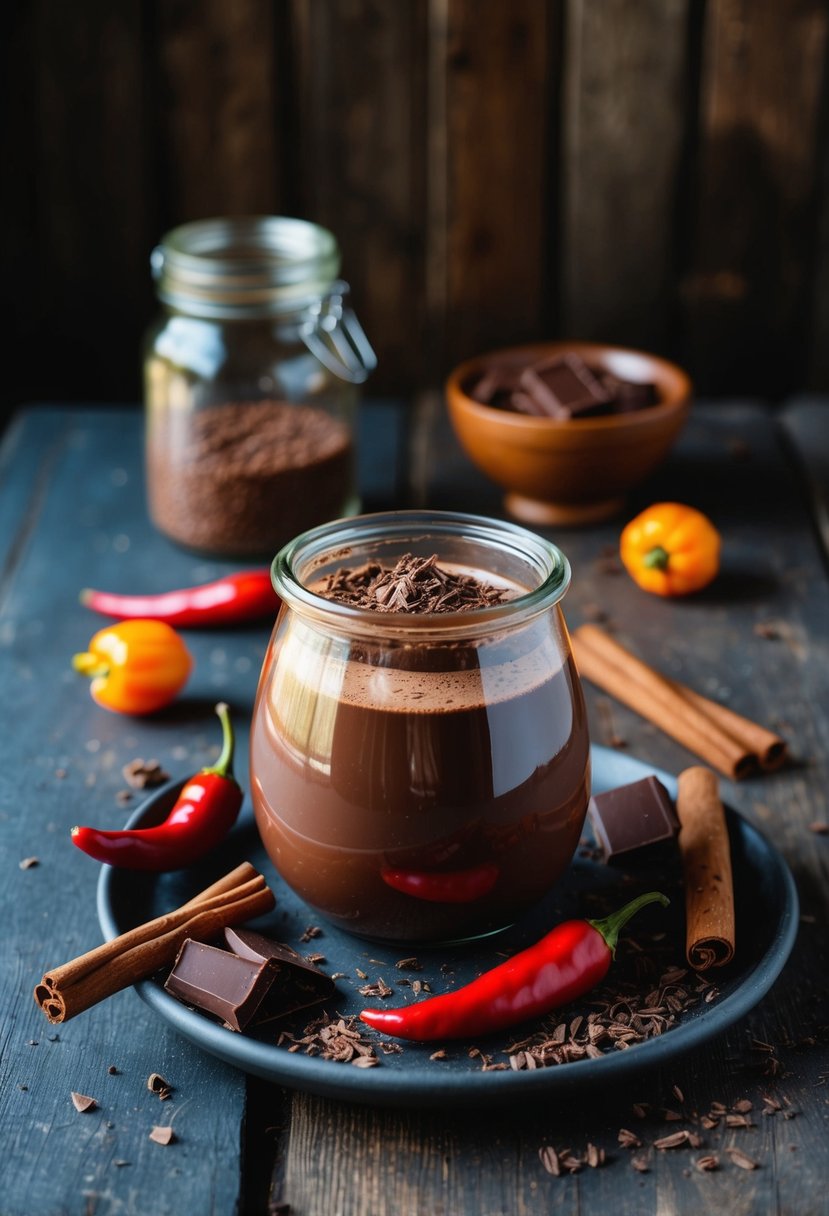 A jar of homemade Mexican hot chocolate mix surrounded by chili peppers, cinnamon sticks, and chocolate shavings on a rustic table