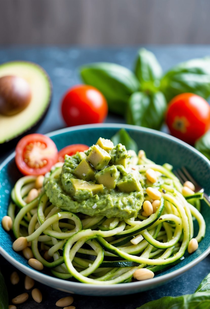 A bowl of zucchini noodles topped with creamy avocado pesto, surrounded by fresh ingredients like tomatoes, basil, and pine nuts