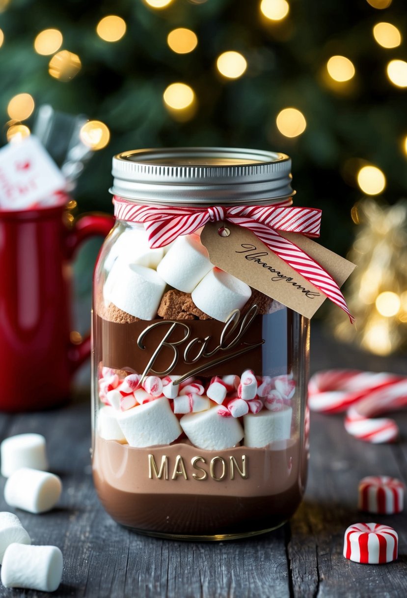 A mason jar filled with layers of cocoa, peppermint, and marshmallows, adorned with a festive ribbon and a handwritten tag