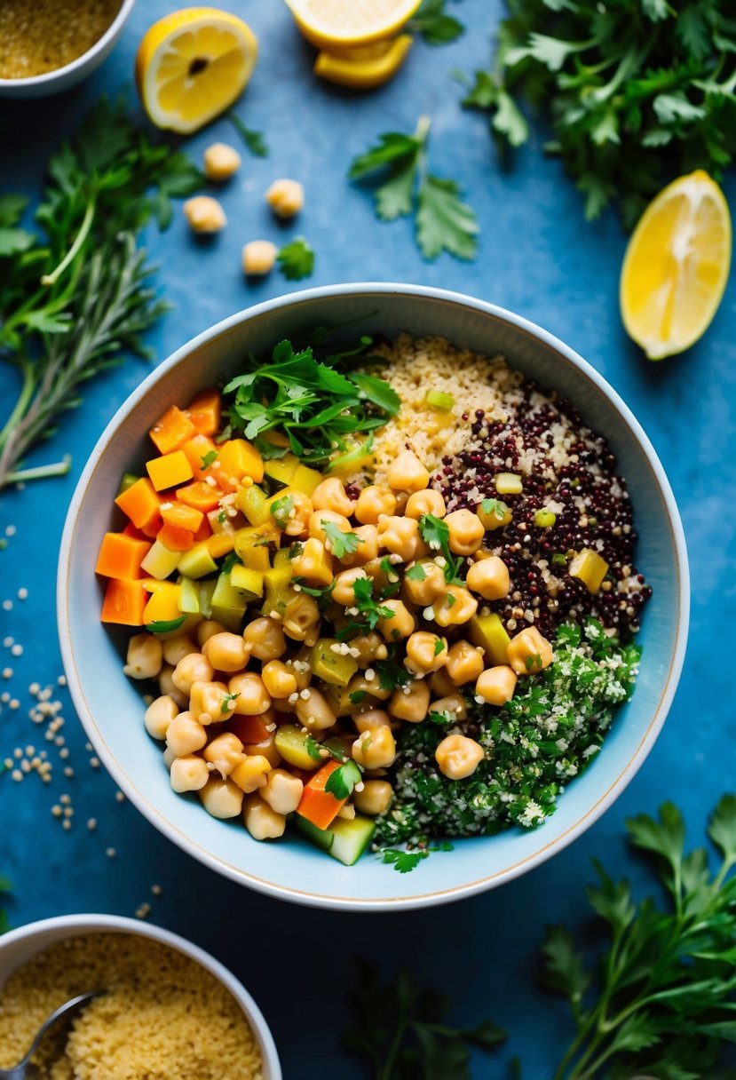 A colorful bowl filled with chickpeas, quinoa, and various chopped vegetables, drizzled with a tangy vinaigrette, surrounded by fresh herbs and spices