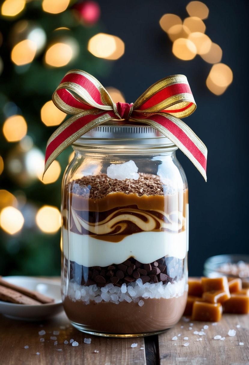 A glass jar filled with layers of cocoa mix, caramel swirls, and salt crystals, topped with a festive ribbon