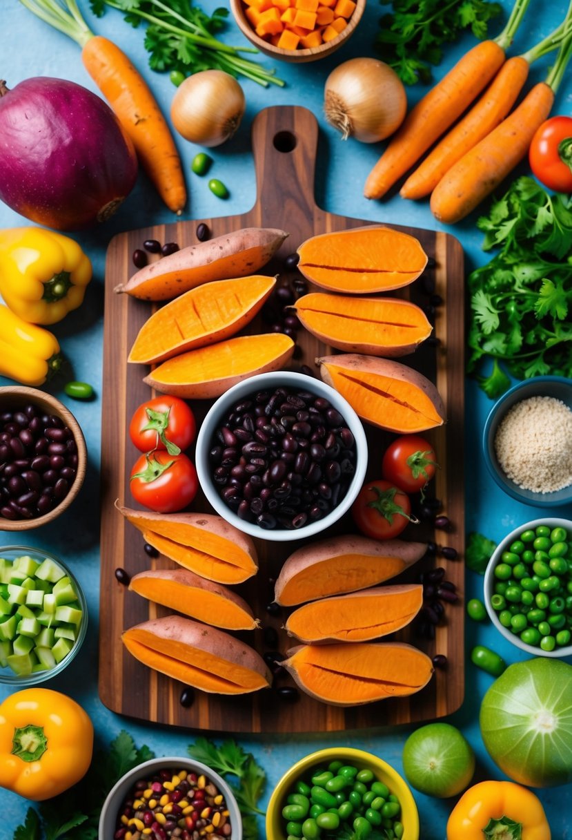 A colorful array of sweet potatoes, black beans, and fresh vegetables arranged on a wooden cutting board, surrounded by vibrant whole food plant-based ingredients