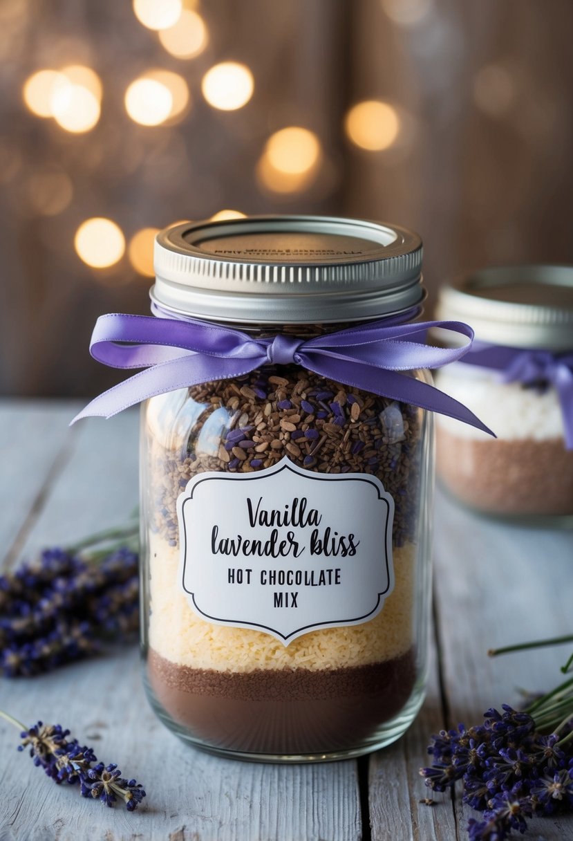 A mason jar filled with layers of cocoa, sugar, and dried lavender. Tied with a ribbon and labeled "Vanilla Lavender Bliss Hot Chocolate Mix."