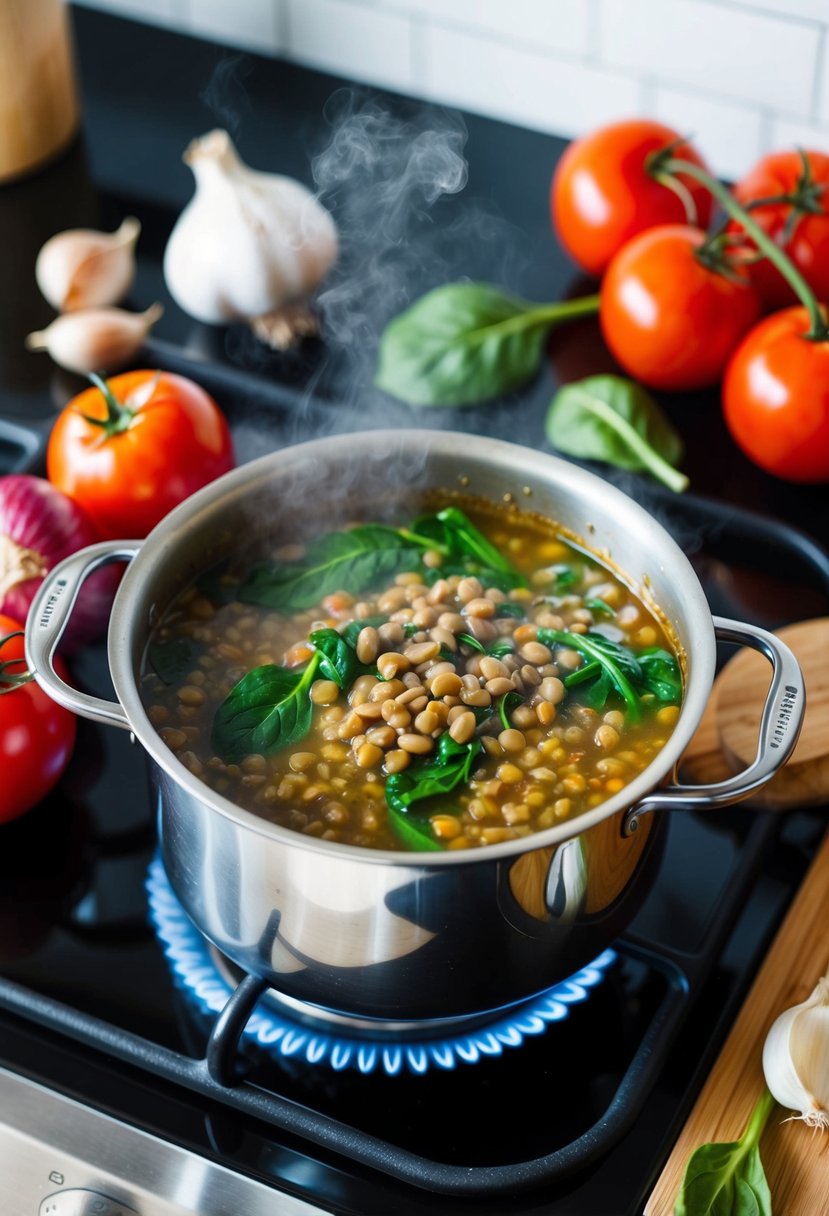 A steaming pot of lentil and spinach soup simmering on a stove, surrounded by fresh ingredients like tomatoes, onions, and garlic