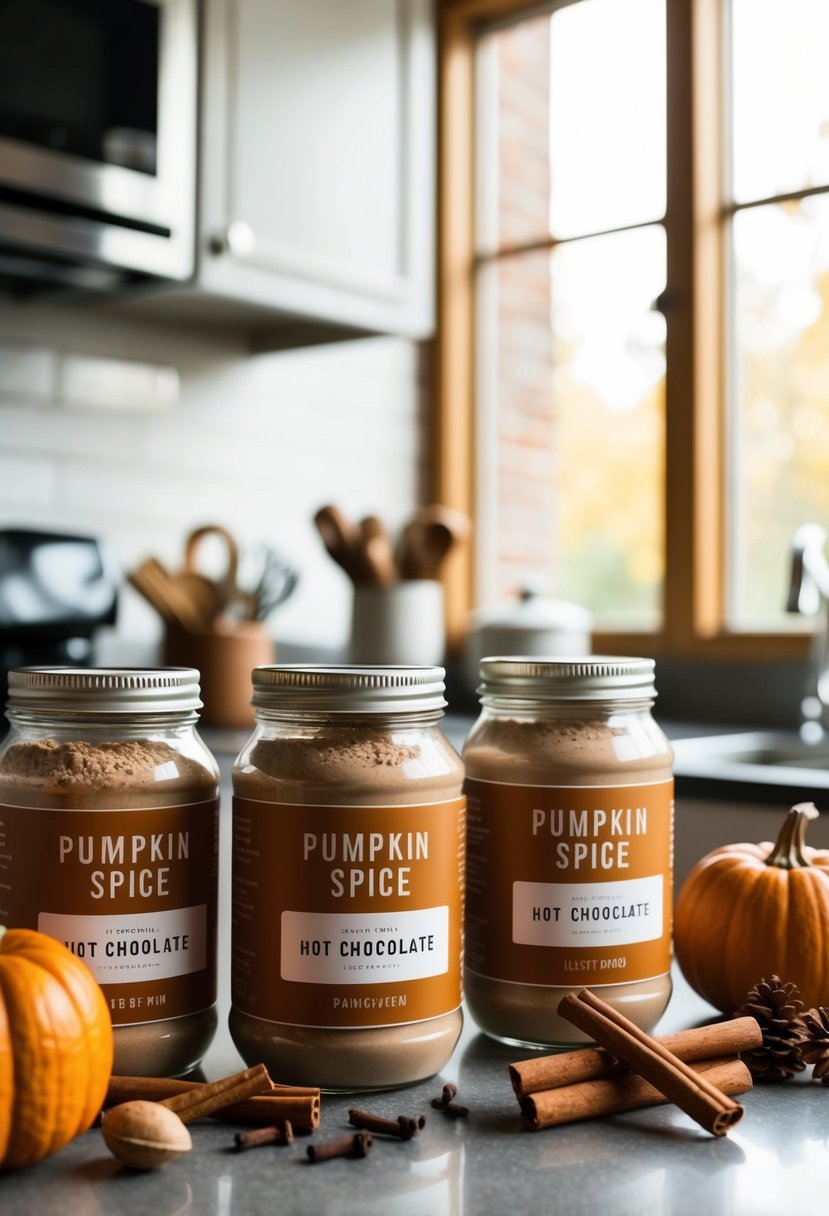 A cozy kitchen counter with jars of pumpkin spice hot chocolate mix, surrounded by cinnamon sticks, cloves, and nutmeg