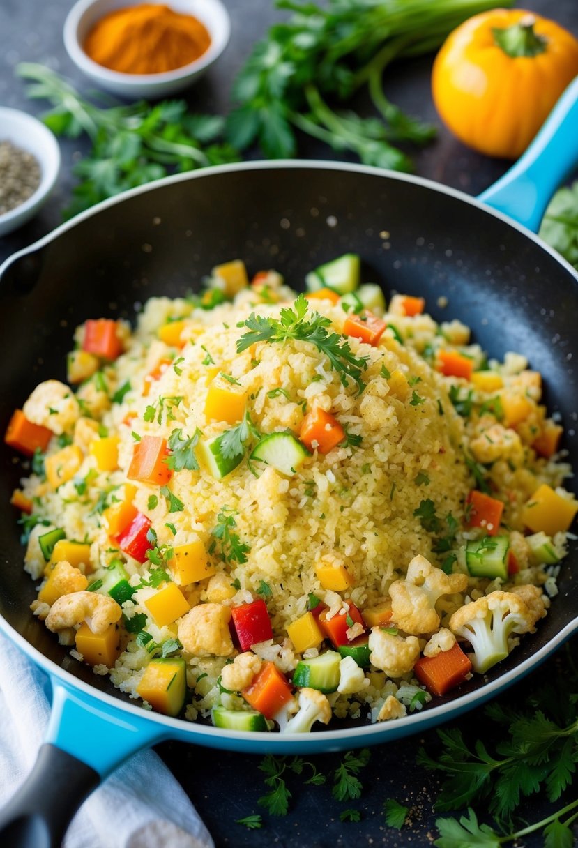 A sizzling skillet with colorful vegetables and cauliflower rice, surrounded by fresh herbs and spices