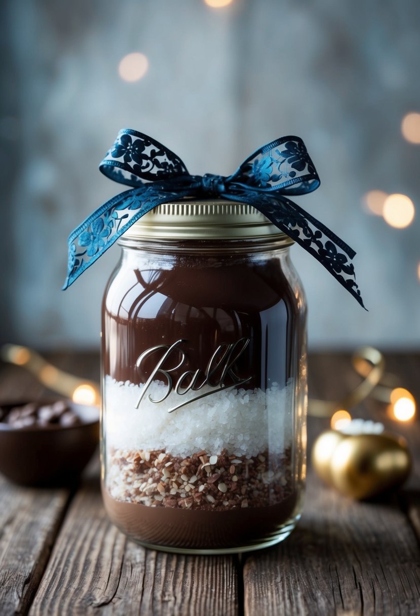 A glass jar filled with layers of dark chocolate, sea salt, and hot chocolate mix, topped with a decorative ribbon