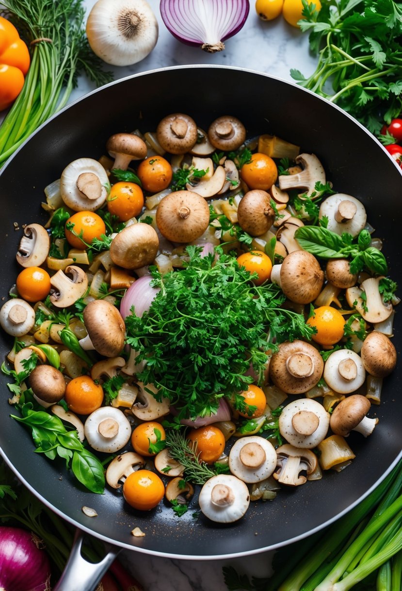 A colorful array of fresh mushrooms, onions, and herbs sizzling in a pan, surrounded by vibrant vegetables and a variety of whole food plant-based ingredients