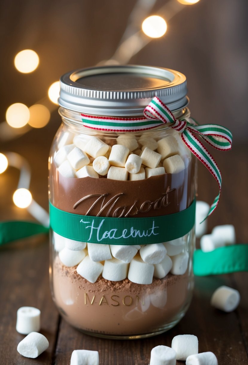 A mason jar filled with layers of cocoa powder, hazelnut spread, and mini marshmallows, topped with a festive ribbon and a handwritten label