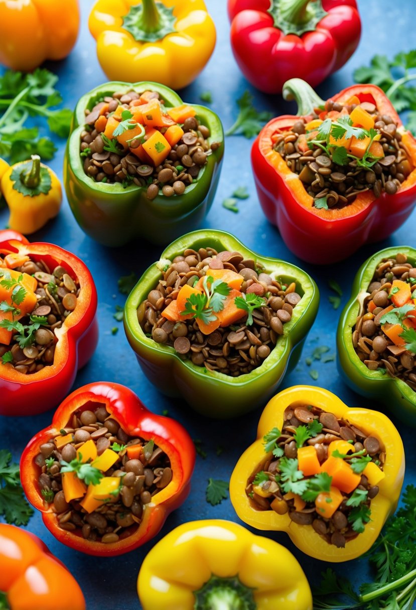 A colorful array of stuffed bell peppers filled with lentils, surrounded by vibrant whole food plant-based ingredients, with no oil in sight