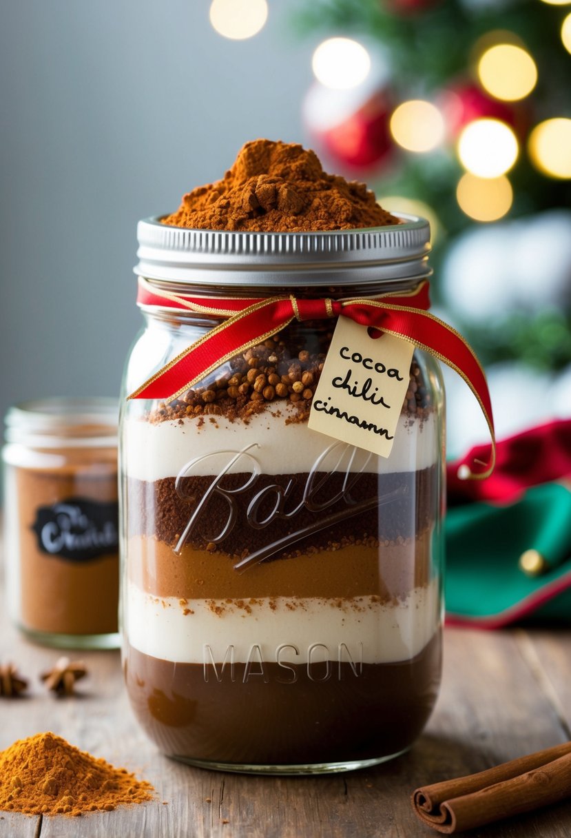 A mason jar filled with layers of cocoa, chili powder, and cinnamon, topped with a festive ribbon and a handwritten label