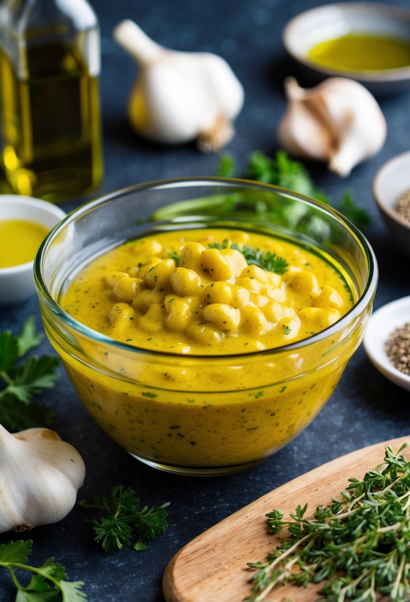 A glass bowl filled with creole mustard marinade, surrounded by various ingredients like garlic, herbs, and olive oil