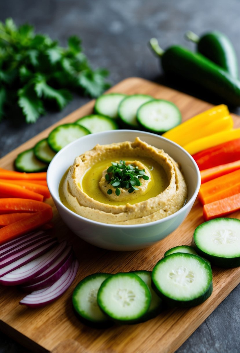 A bowl of oil-free hummus surrounded by colorful sliced vegetables on a wooden cutting board