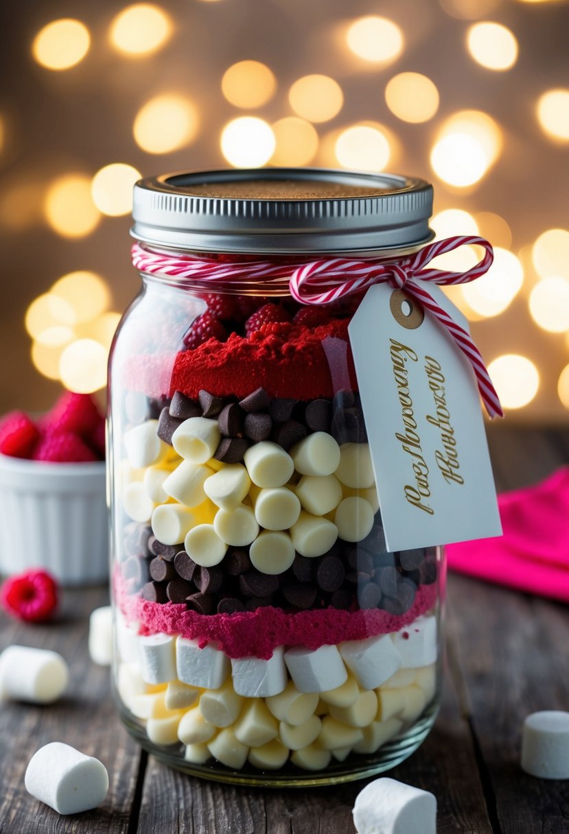 A glass jar filled with layers of white chocolate chips, raspberry powder, and mini marshmallows, sealed with a ribbon and tag