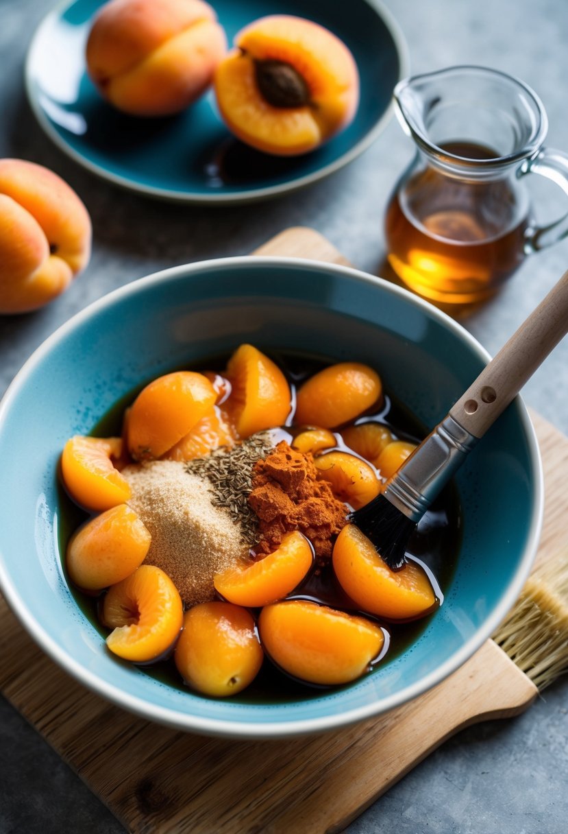 A bowl of apricots, vinegar, and spices mixed together with a brush nearby