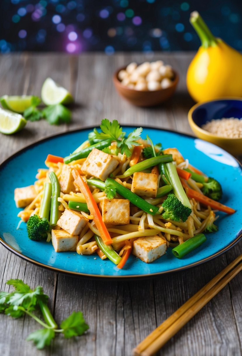 A colorful plate of Vegan Pad Thai with tofu and fresh vegetables, no oil