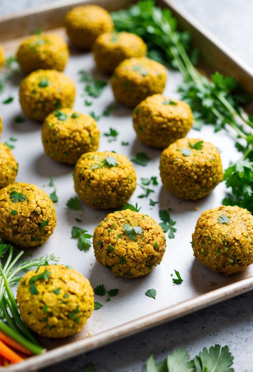 Golden falafel balls on a baking sheet surrounded by fresh herbs and colorful vegetables