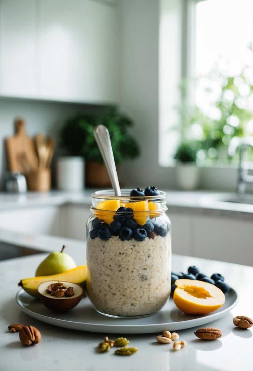 A jar of overnight oats surrounded by fresh fruit, nuts, and a spoon on a clean kitchen counter