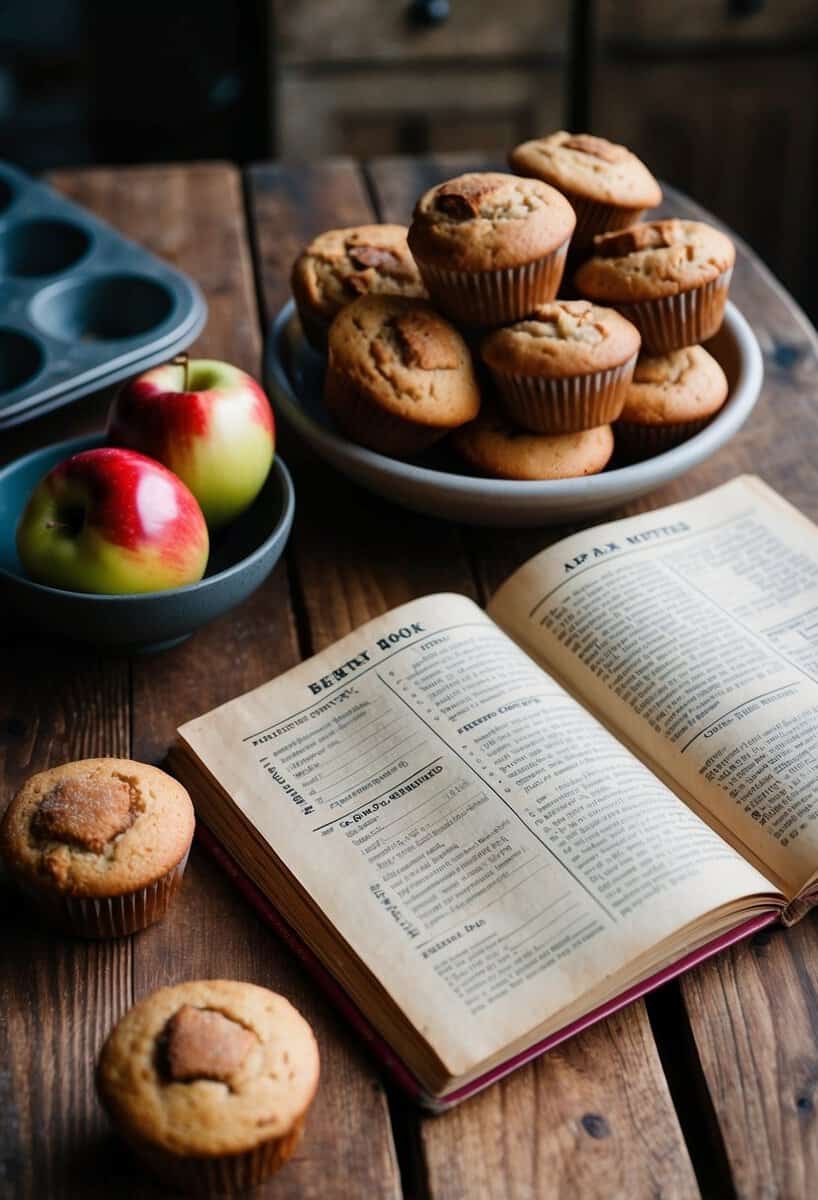 A rustic kitchen scene with a wooden table set with freshly baked cinnamon apple muffins, a bowl of apples, and a vintage recipe book open to a page on apple muffins