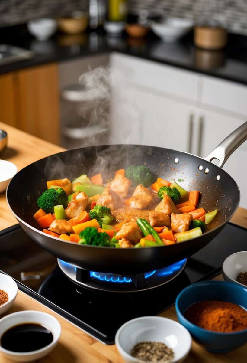 A sizzling wok filled with colorful vegetables and chunks of chicken, surrounded by bowls of soy sauce and spices on a kitchen counter