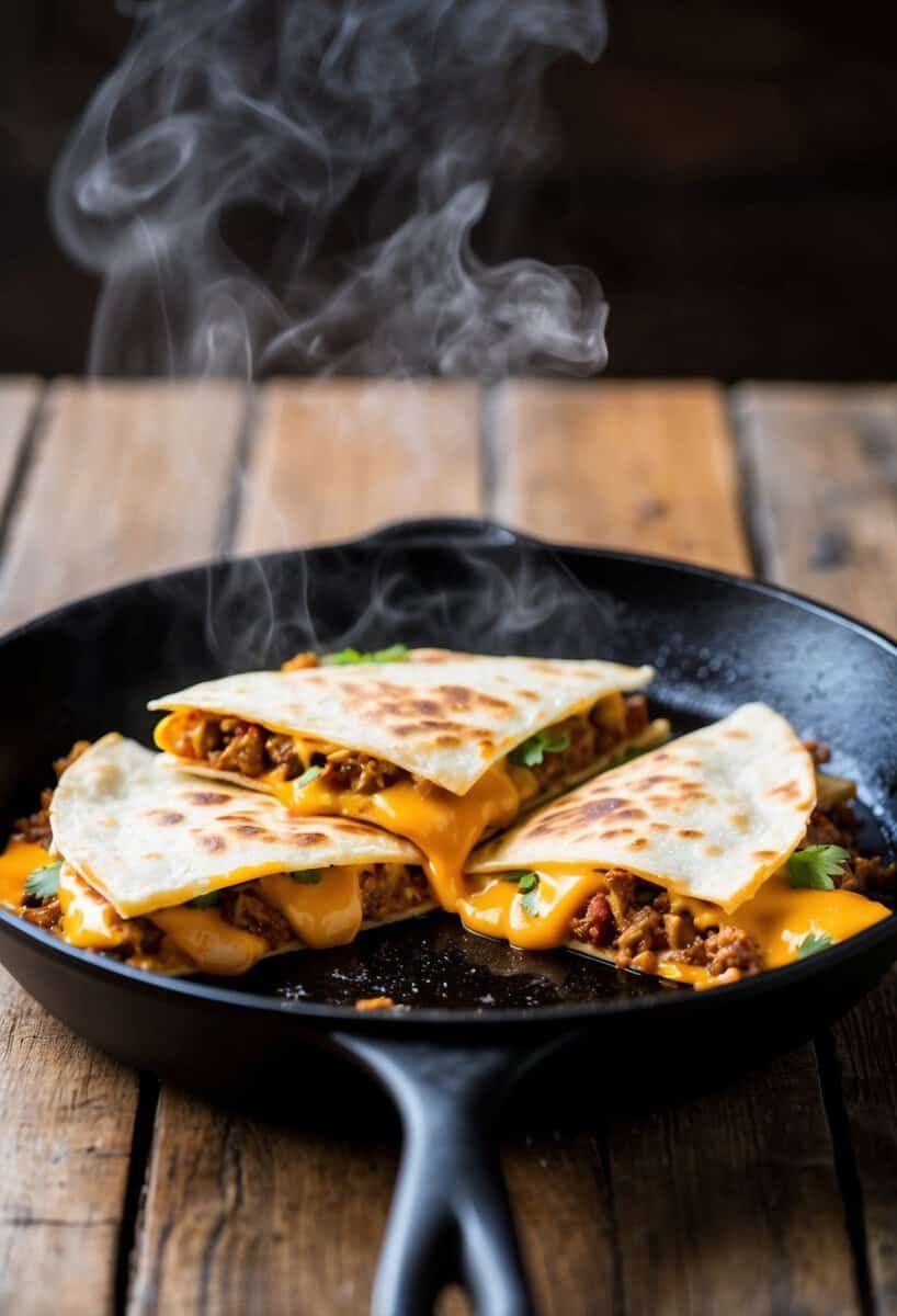 A sizzling skillet of cheesy taco meat quesadillas, with steam rising and melted cheese oozing out