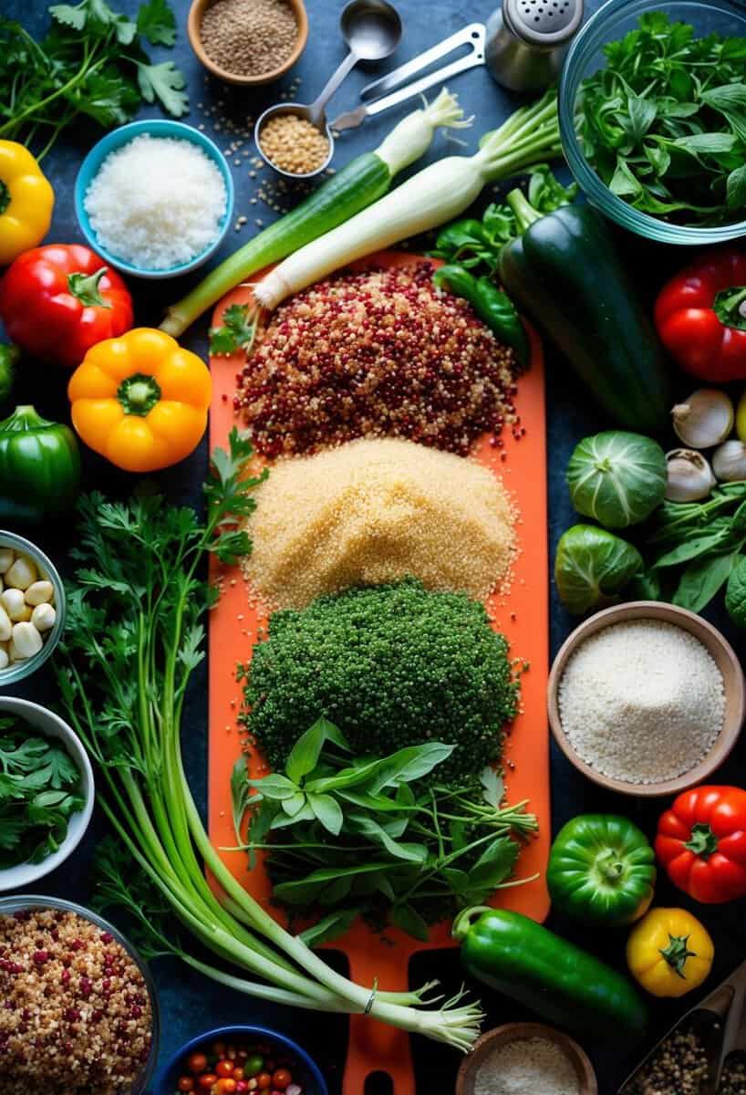 A colorful array of quinoa, vegetables, and herbs arranged on a cutting board, surrounded by various kitchen utensils and ingredients