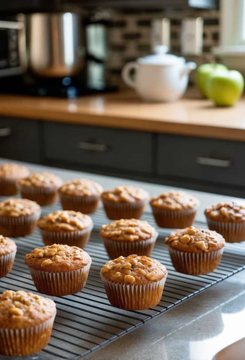 A kitchen counter with freshly baked honey-glazed apple nut muffins cooling on a wire rack