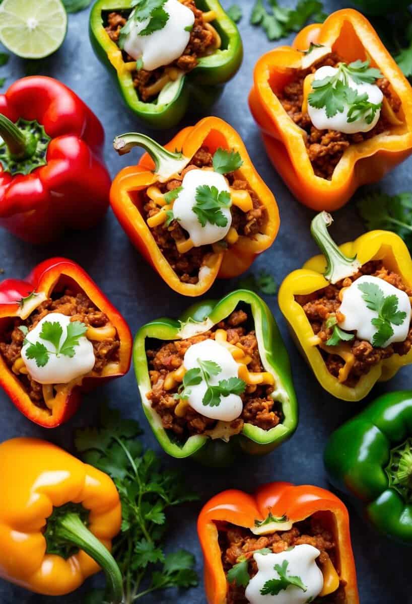 A colorful array of bell peppers, sliced open and filled with spicy taco meat, garnished with cheese and fresh herbs