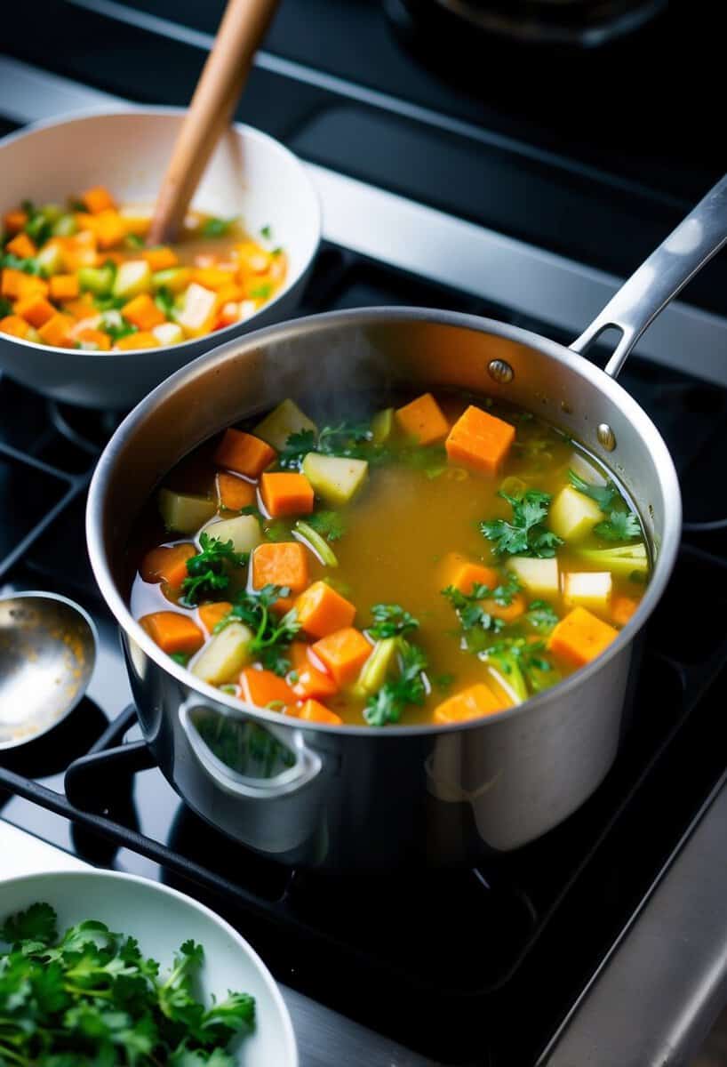 A pot of colorful vegetables simmering in broth on a stovetop. Chopped ingredients and a ladle nearby