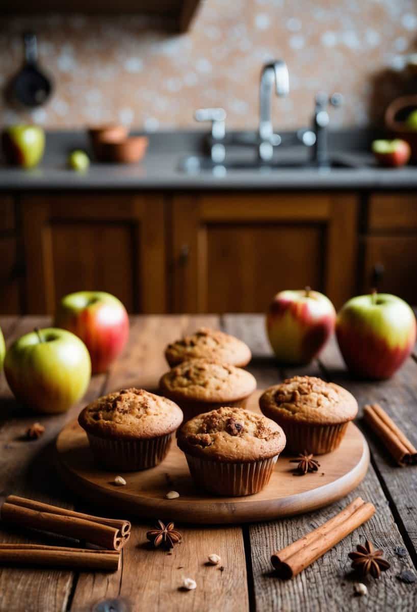 A warm kitchen with a rustic wooden table adorned with freshly baked spiced apple chai muffins, surrounded by scattered cinnamon sticks and whole apples