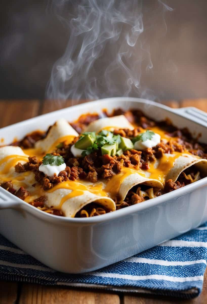 A steaming hot casserole dish filled with layers of enchiladas, topped with melted cheese and savory taco meat