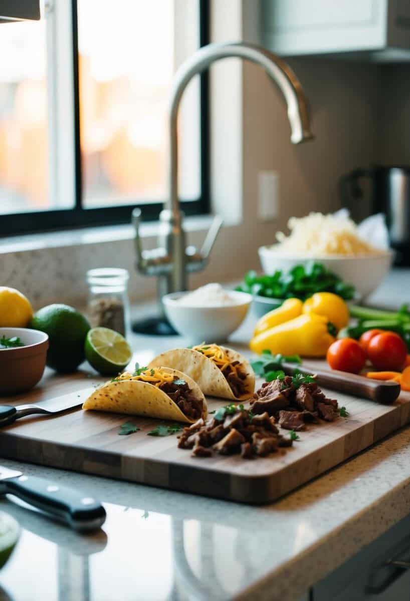 A kitchen counter with a cutting board, knife, and various ingredients for making beef tacos