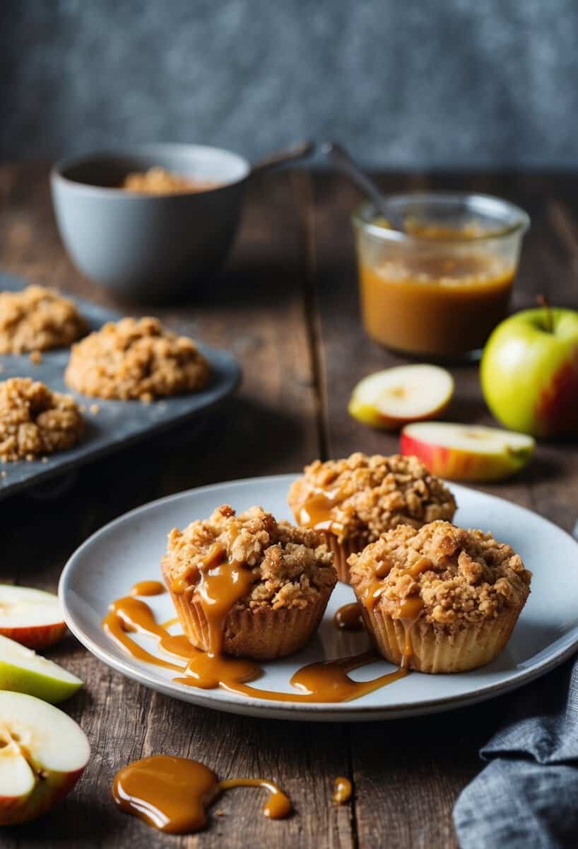 A rustic kitchen table with a plate of caramel apple crumble muffins, surrounded by scattered apple slices and a drizzle of caramel sauce