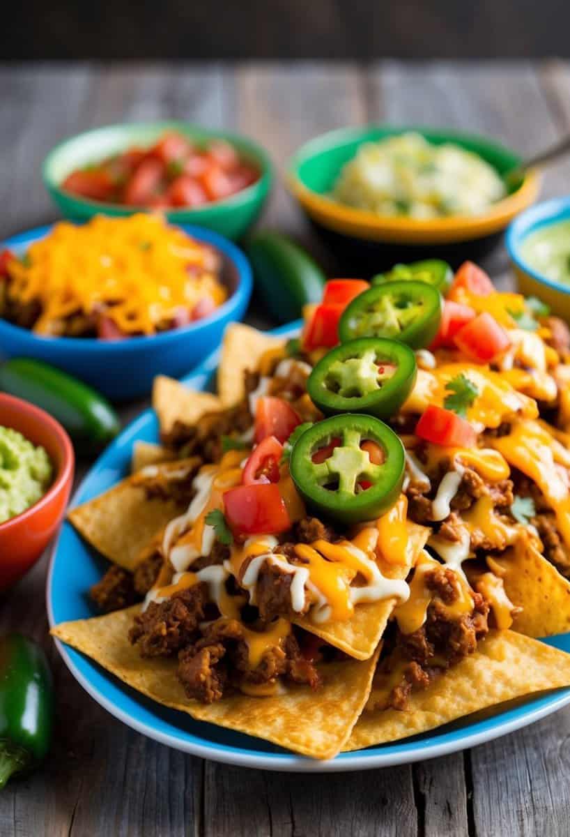 A plate of nachos topped with loaded taco meat, cheese, tomatoes, and jalapenos, surrounded by colorful bowls of salsa and guacamole