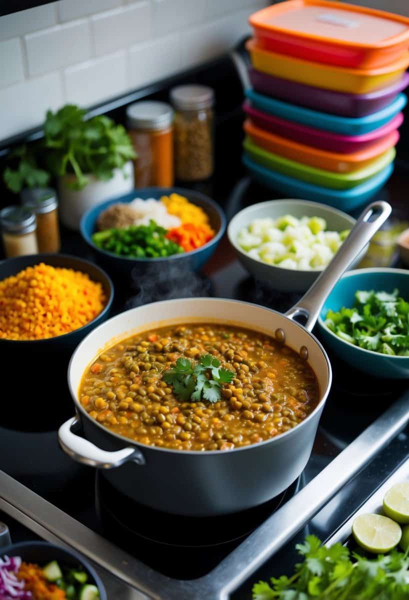 A pot of lentil curry simmers on a stovetop, surrounded by various spices, chopped vegetables, and a stack of meal prep containers