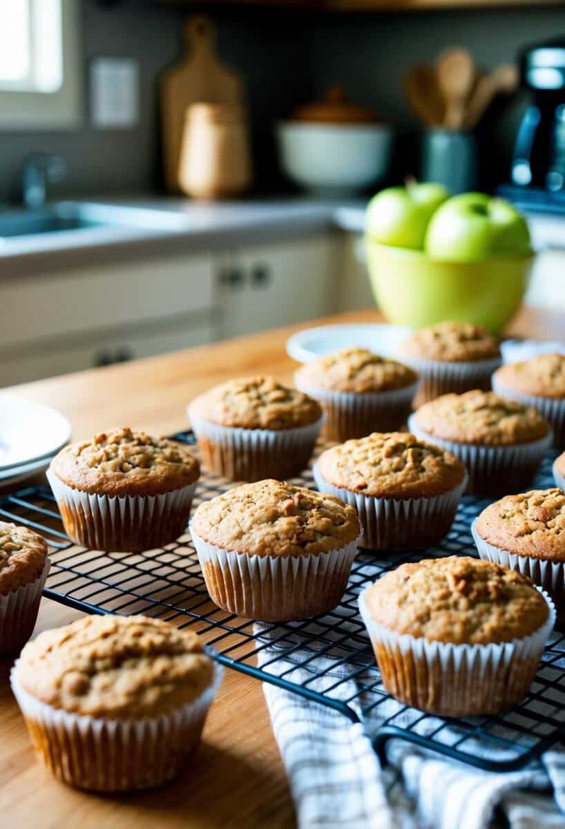 A cozy kitchen with a wooden table set for breakfast, featuring a batch of freshly baked Maple Apple Oatmeal Muffins cooling on a wire rack