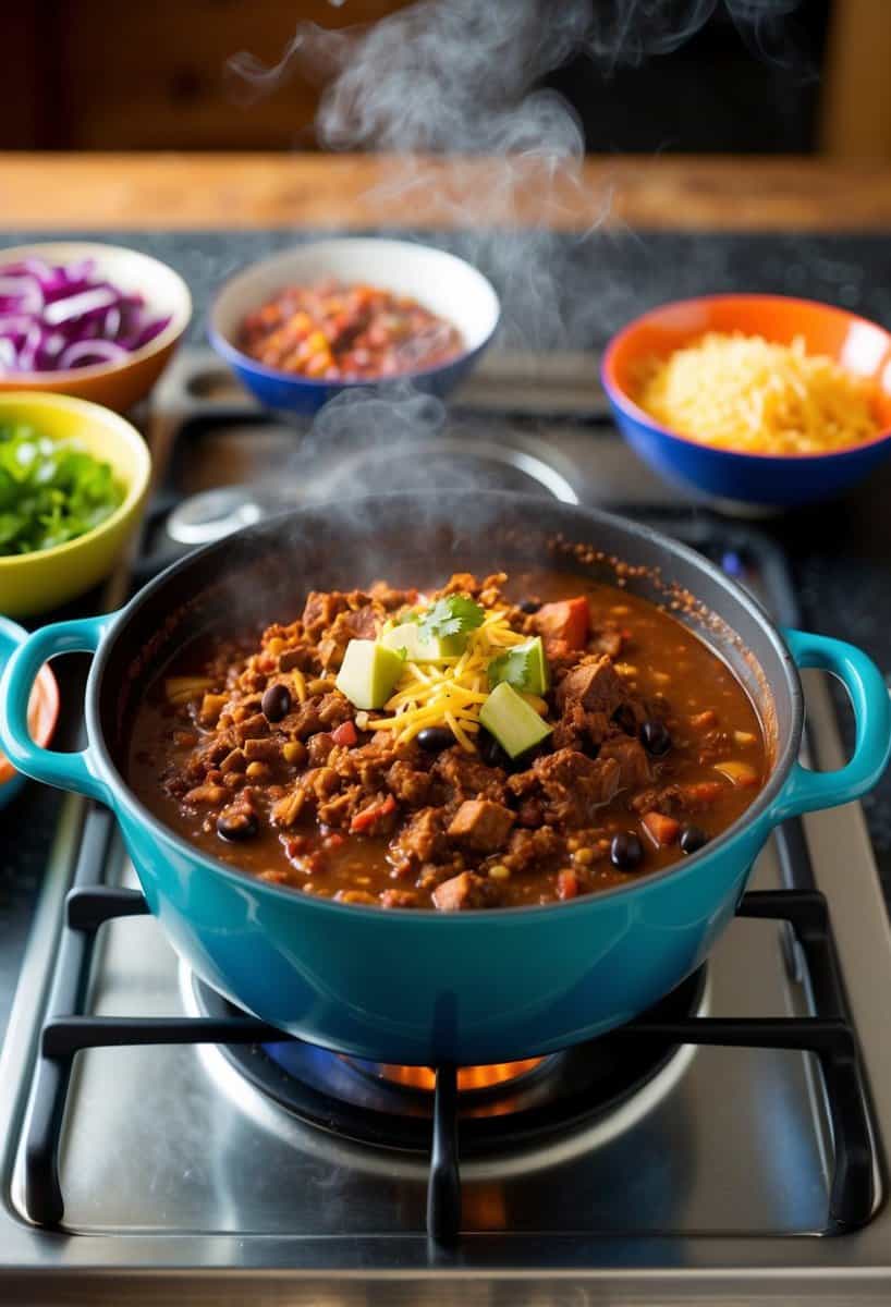 A steaming pot of chili with taco meat and black beans simmers on the stove, surrounded by colorful bowls of toppings