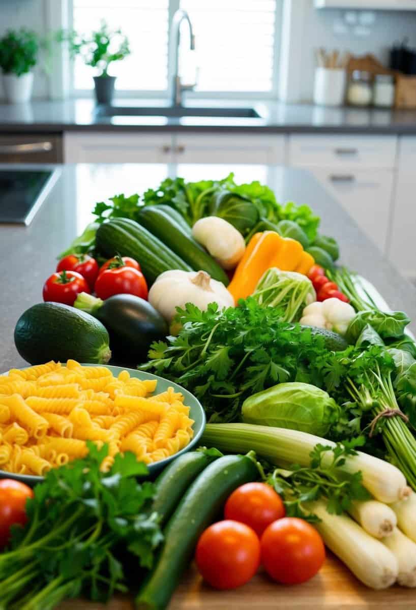 A colorful array of fresh vegetables, pasta, and herbs arranged on a clean kitchen counter ready for meal prep