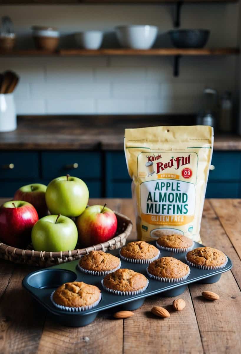 A rustic kitchen counter with a basket of fresh apples, a bag of almond flour, and a muffin tin filled with golden-brown gluten-free apple almond muffins