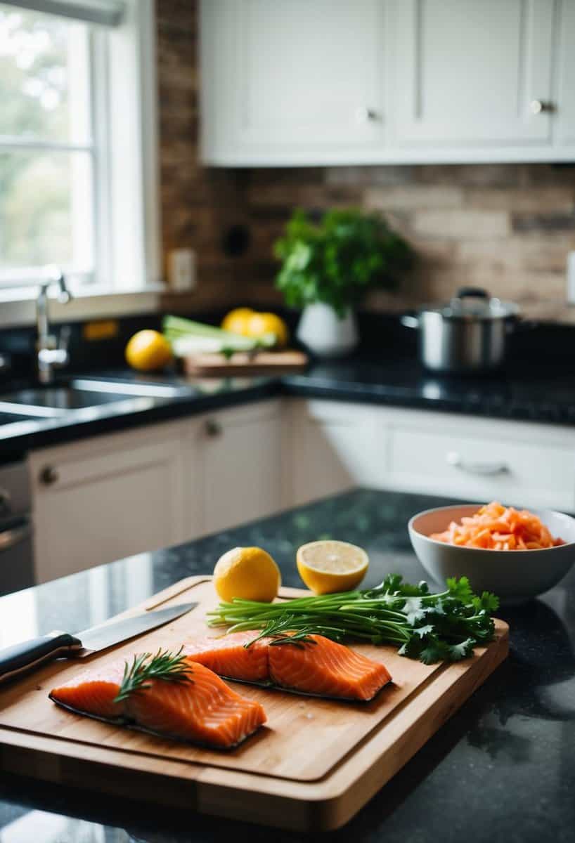 A kitchen counter with a cutting board, knife, and fresh ingredients for baked salmon meal prep