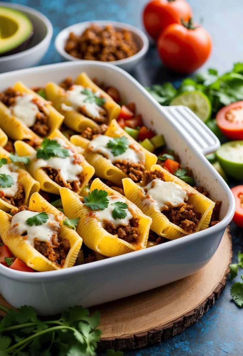 A baking dish filled with stuffed pasta shells, topped with taco meat and melted cheese, surrounded by colorful ingredients like tomatoes and cilantro