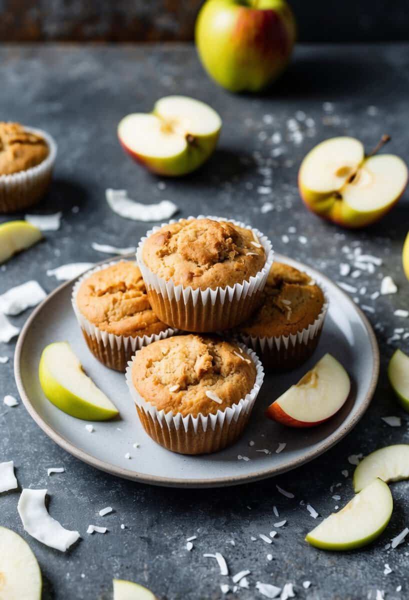 A rustic kitchen counter with a plate of freshly baked vegan apple coconut muffins, surrounded by scattered apple slices and coconut shavings