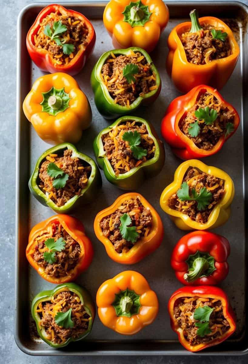 A colorful array of bell peppers filled with savory rice and ground meat, arranged on a baking sheet ready for the oven