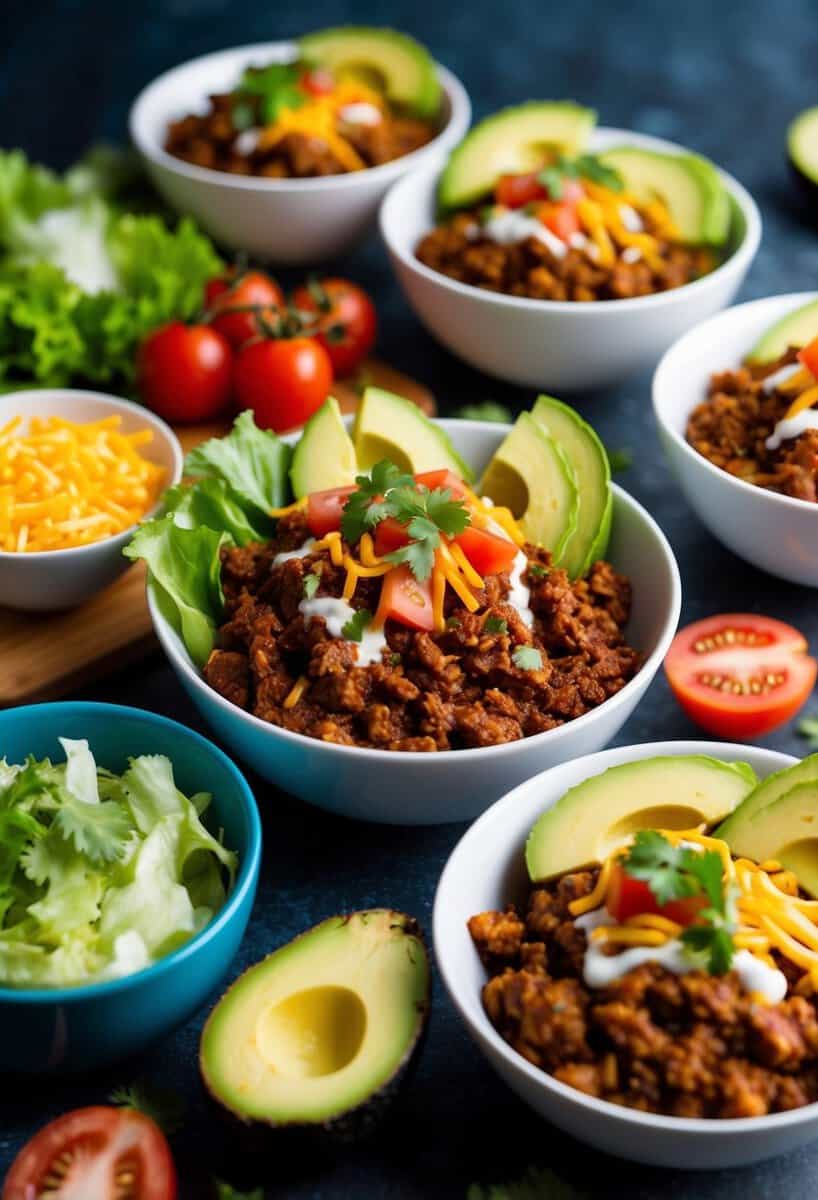 A colorful spread of taco meat burrito bowls, with vibrant ingredients like lettuce, tomatoes, cheese, and avocado, arranged in a visually appealing manner