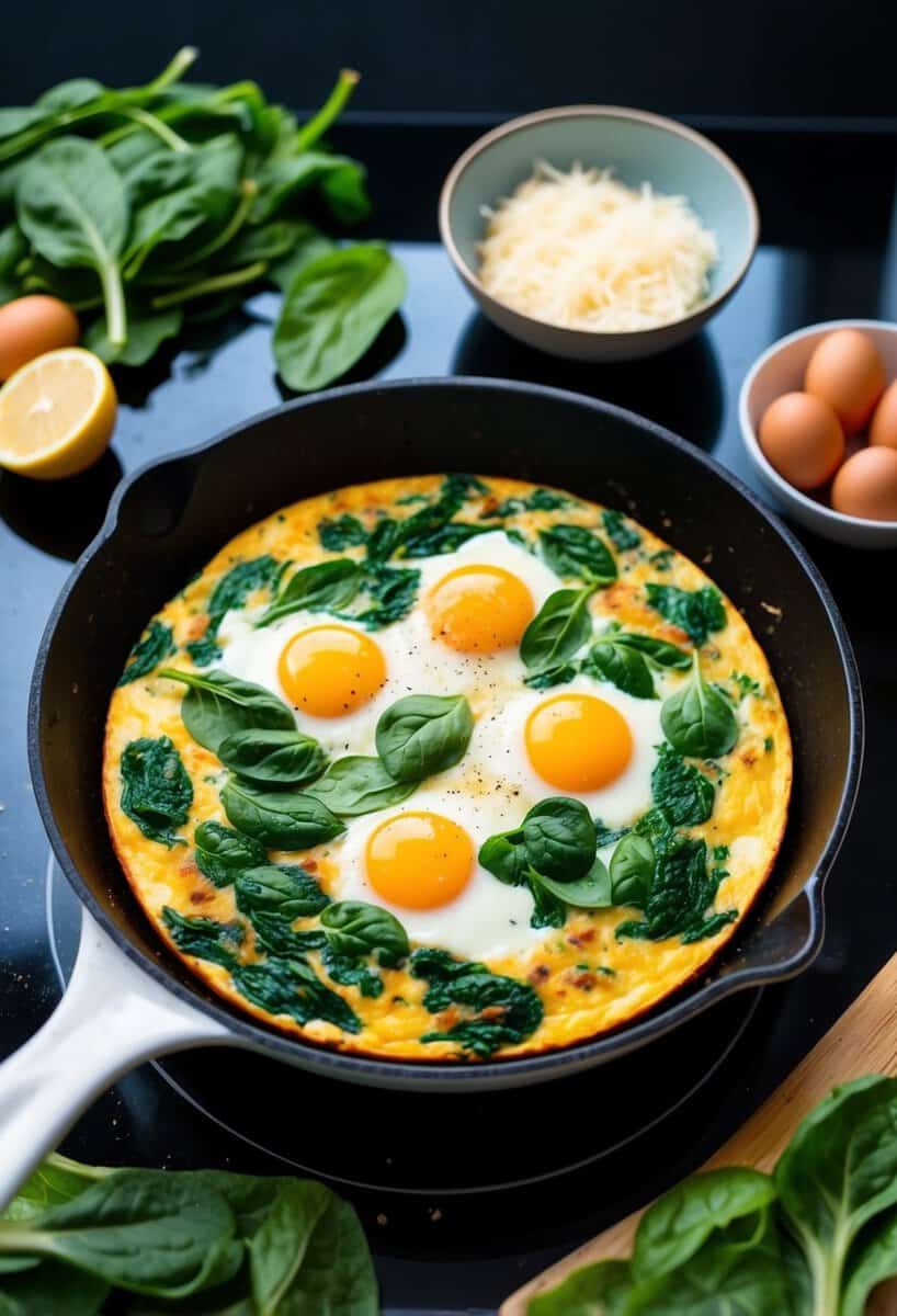 A colorful spinach frittata sizzling in a skillet on a stovetop, surrounded by fresh ingredients like eggs, spinach, cheese, and seasonings